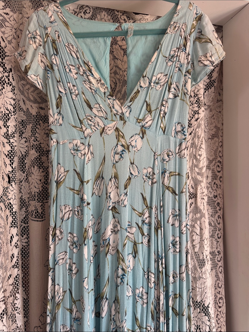 Free People Mint Blue Floral V-Neck Maxi Dress